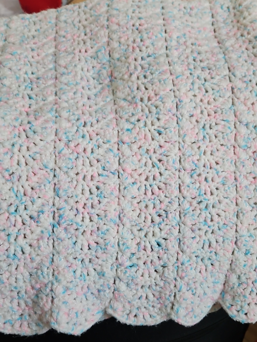 Blue Pink And White Variegrated Hand Knitted Crochet Baby Blanket